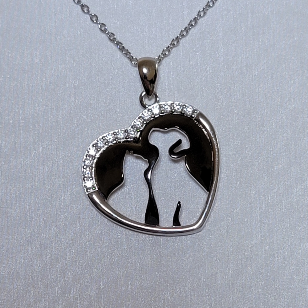 925 Silver Moissanite Cat Dog Heart Necklace 18+2in NWT